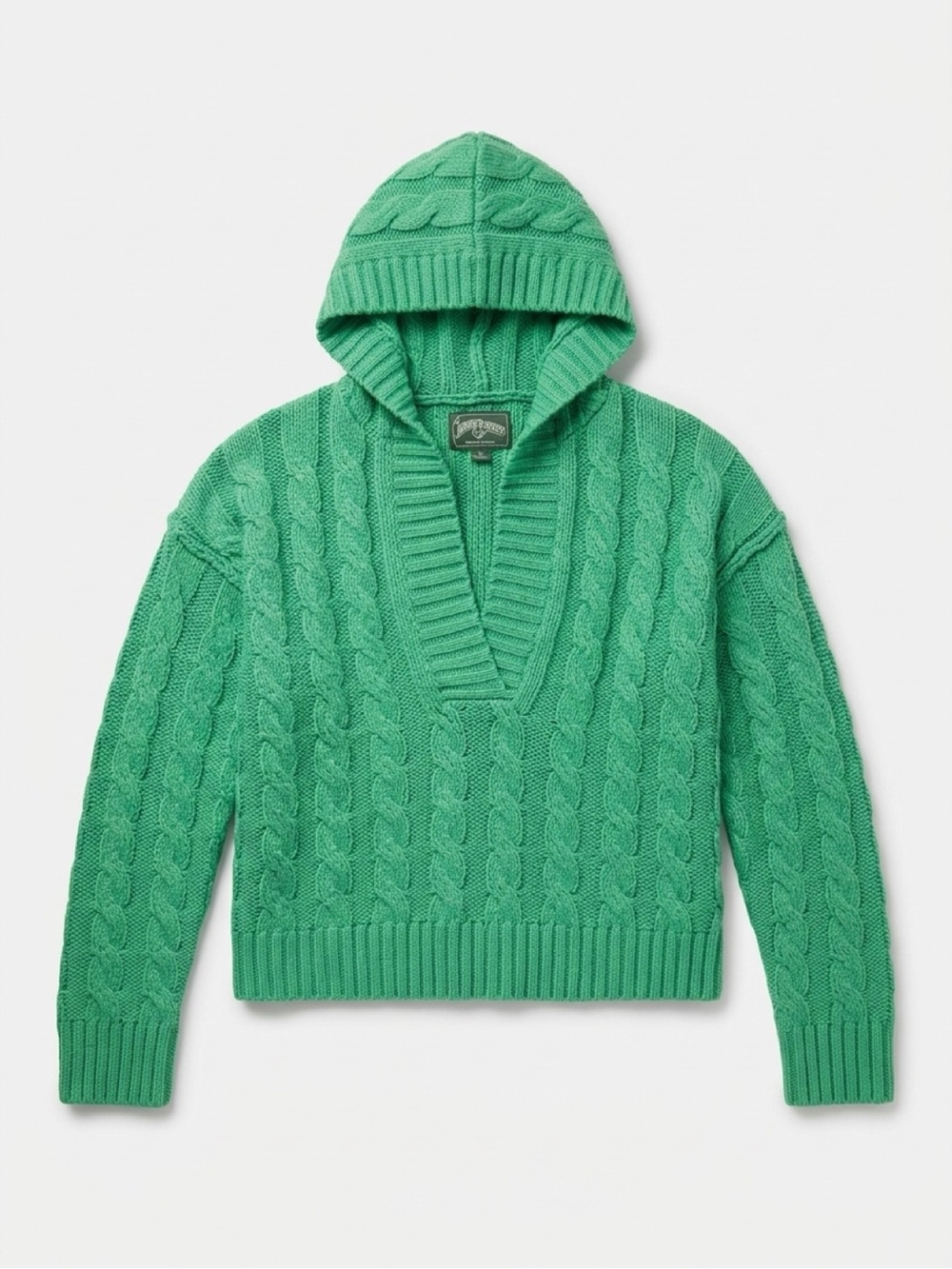 Women’s Hooded Cable-Knit V-Neck Sweater in Green - Size Small